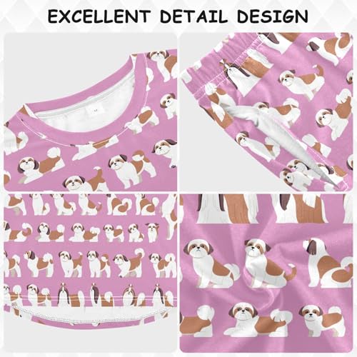 Shih Tzu Dogs Pink Cute Soft Pajama Set for All Seasons,Breathable Pjs Long Sleeve Sleepwear,Comfy Loungewear 2 Piece Underwear Set 5T3