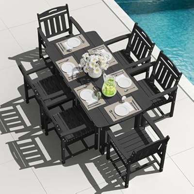 SUUNYN 7-Piece Outdoor Patio Dining Set with Table & 6 Chairs, All-Weather HDPE Outdoor Table and Chairs, 2" Umbrella Hole, Patio Furniture for Garden, Backyard, Deck, Black