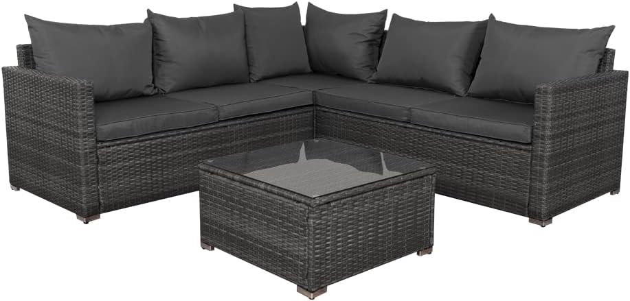 Panana 5 Seater Rattan Garden Furniture Corner Sofa Set with Coffee Table, Outdoor Patio Lounge Set with Cushions & Free Cover for Garden, Conservatory, Terrace (Mixed Grey Rattan with Grey Cushions)