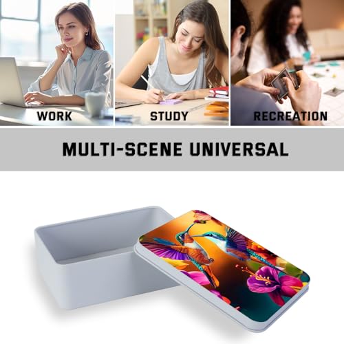 Image of Metal Tin Box with Lid for Game Cards Home Organizer Candles Keys Crafts Storage - Equipped with 4 Magnetic Cord Clips,Hummingbirds and flowers