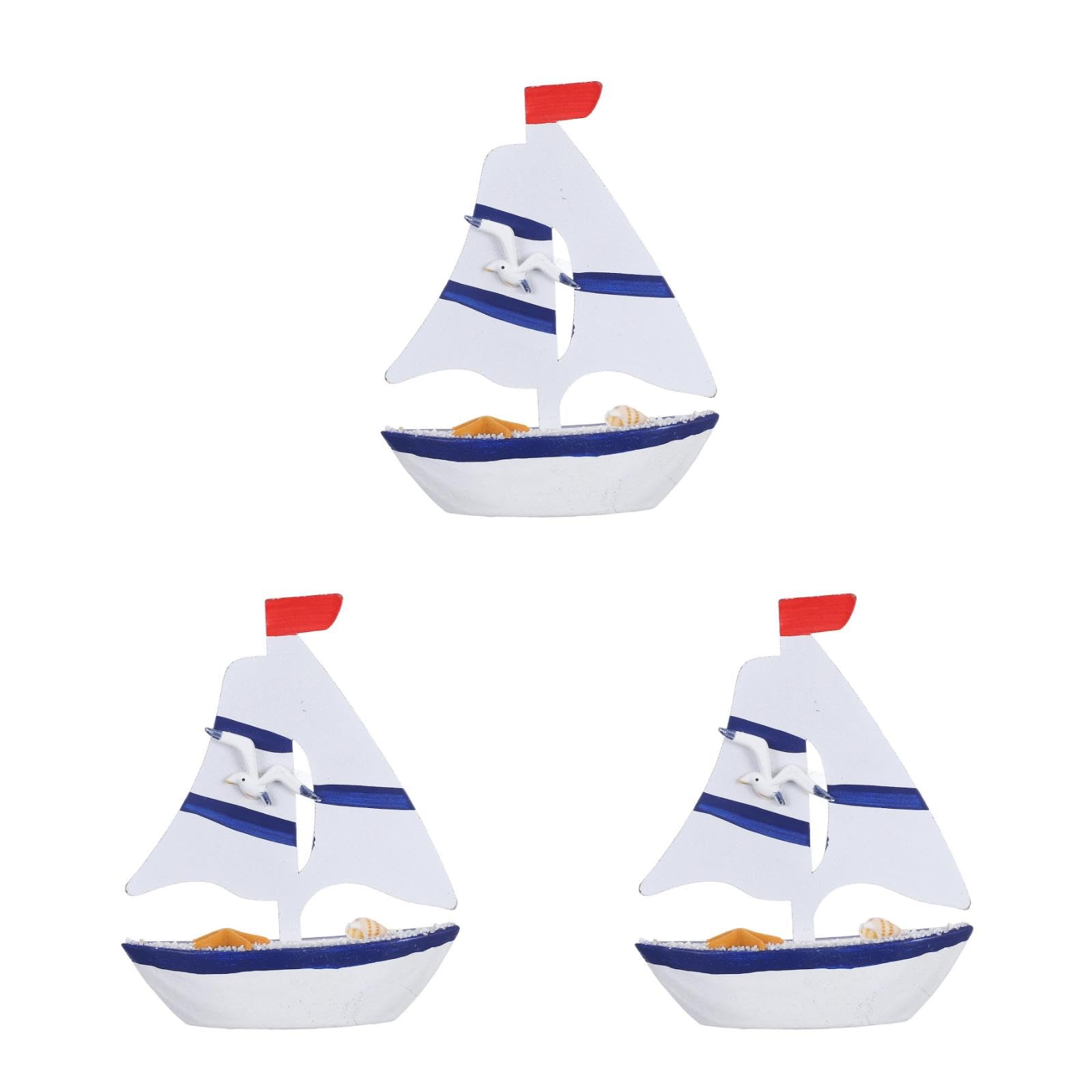 LUOZZY 3 Pcs Mediterranean Mini Wooden Sailboat Decor for Desktop Display Coastal Photography Props with Seagull Accent
