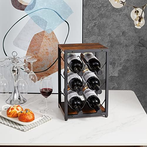 IBUYKE 6 Bottle Metal Wine Rack, Free Standing Wine Storage Holder for Horizontal Storage, 3-Tier Vintage Bottle Holder Storage Shelf for Cabinet, Cupboard, Countertop, Kitchen, Bar, Cellar TMJ901H