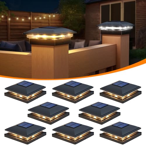 APONUO Solar Post Cap Lights - 8 Pack Outdoor Waterproof for 4x4, 5x5, 6x6 Posts, 2 Modes Warm/Cool Light, Solar Powered Fence/Deck/Patio Decor, Black by APONUO - Used condition - US$57.78