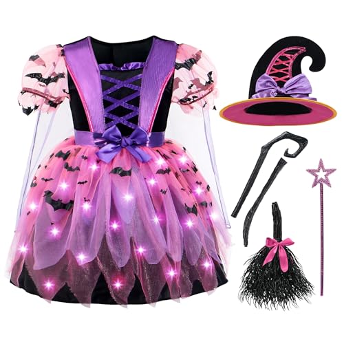 Spooktacular Creations Girls Light Up Witch Costume Kids Witch Costume with Hat and Broom for Toddler Halloween Dress Up Parties (Toddler (3-4yr))