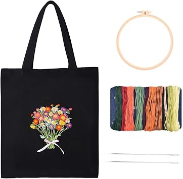 YEESAM ART DIY Canvas Tote Bag Embroidery Kit with Hoop and Patterns Bouquet of Flowers, Hand Embroidery Cute Aesthetic Tote Bag Cross Stitch Kits for Beginners Adults Flowers