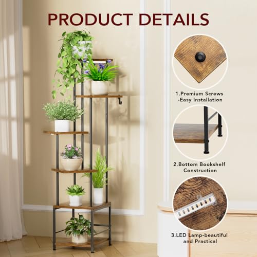 Image of Homsorout Plant Stand Indoor with Grow Light - 6-Tier Metal Plant Shelf with Hanging Basket Hook, Corner Tall Flower Holder for Multiple Plants, Living Room Balcony Garden Patio, Rustic Brown