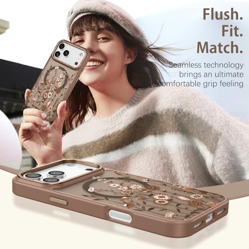 Image of DOMAVER for iPhone 17 Pro Max Case, Magnetic Phone Case for iPhone 17 Pro Max [Compatible with MagSafe] Slim Fit Flowers Floral Design Shockproof Protective Bumper Women Men Girls Boys Cover- Brown