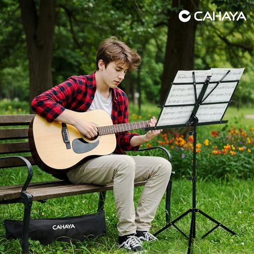 Image of CAHAYA Folding Music Stand Lightweight Portable Adjustable [Sheet Music Stand & Desktop Book Stand 2 in 1 Dual Use] with Carrying Bag, Metal Music Sheet Stand