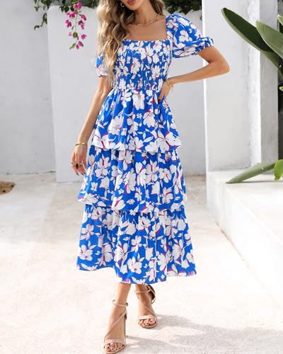 Image of BTFBM Womens Floral Smocked Summer Maxi Dresses | Square Neck Puff Short Sleeve Ruffle Tiered, 2026 Trendy Casual Sundress, Cruise Holiday Beach Vacation Wedding Guest Dress