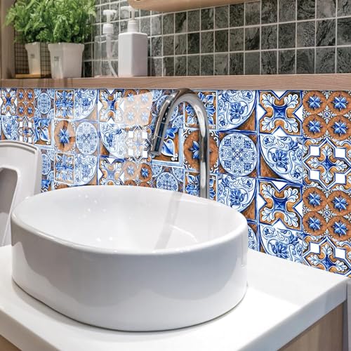 Papel pintado autoadhesivo azul y marrón de 15x15 cm para renovar azulejos de cocina 4