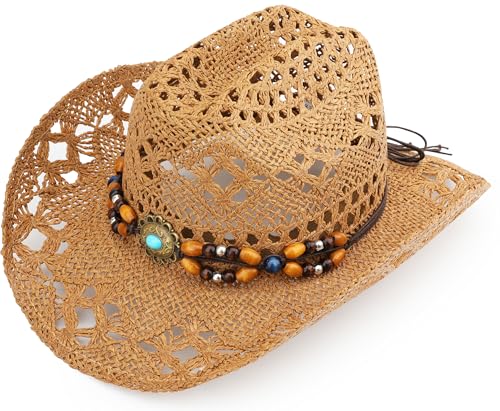 Image of Straw Cowboy Hat, Western Cowgirl Hat, Wide Brim Sun Beach Hat for Men and Women