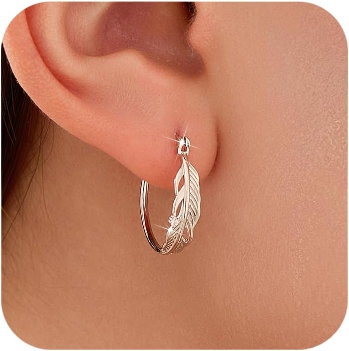 LOVECOM 14k Gold Plated Feather Filigree Hoop Earrings for Women Cute 925 Sterling Silver Post Leaf with CZ Animals Huggie Earring Women's Round Hypoallergenic Earring Jewelry Gifts to Daughter