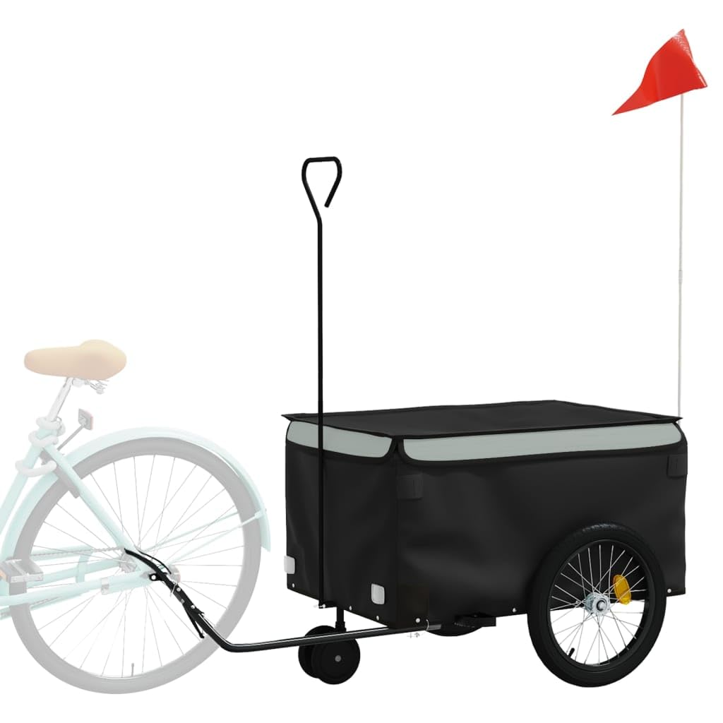 Przyczepa rowerowa czarna i pomarańczowa z żelaza o nośności, 120 x 54 x, z dyszlem, flagą bezpieczeństwa i dużą ilością miejsca do przechowywania, do transportu, na kemping, wycieczkę i