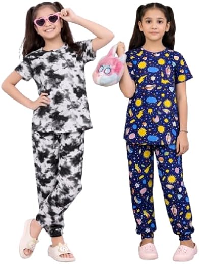 LIKADO FASHION NightSpark Girls Hosiery Cotton Night Suit Set – Soft Half Sleeve T-Shirt with Relaxed Full Pant