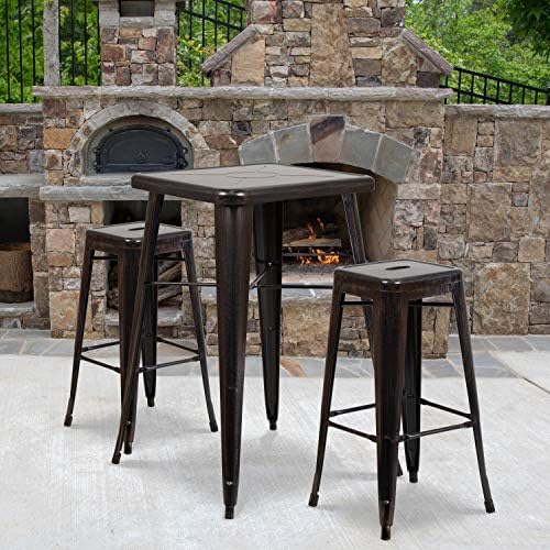 Flash Furniture Stone Commercial Grade 23.75" Square Black-Antique Gold Metal Indoor-Outdoor Bar Table Set with 2 Square Seat Backless Stools