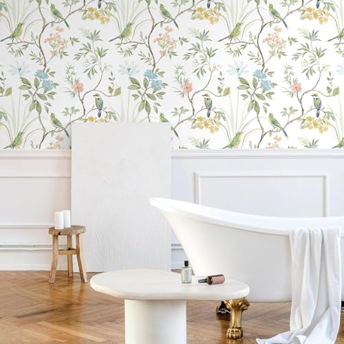 Image of Wallpaper Peel & Stick Floral Vintage Flower Leaf Botanical Bird Elegant Pattern Designs Tropical Watercolor Contact Paper Wall Home Decor Vinyl Self Adhesive Removable Wallpaper Waterproof 16.5&87IN