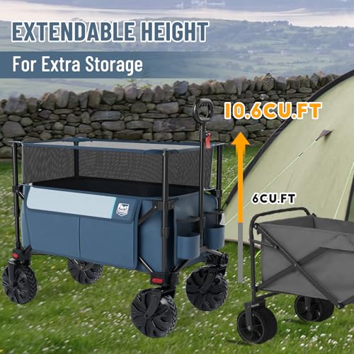 Image of Timber Ridge Foldable Wagon 350L Extendable Height, Large Capasity Collapsible Wagon Cart with All Terrians Detachable Wheels, Compact Folding Utility Wagon for Camping, Fishing, Shopping Navy