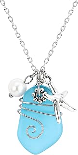 sea glass necklace, Beach Necklaces with Starfish Pendant Wire Wrapped Blue Sea Glass Jewelry Handmade Necklaces hawaiian ocean Gift beach jewelry for Women Girls
