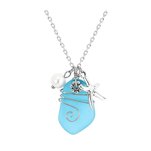 Sea glass necklace, Beach Necklaces with Starfish Pendant Wire Wrapped Blue Sea Glass Jewelry Handmade Necklaces hawaiian ocean Gift beach jewelry for Women Girls birthday necklaces for women