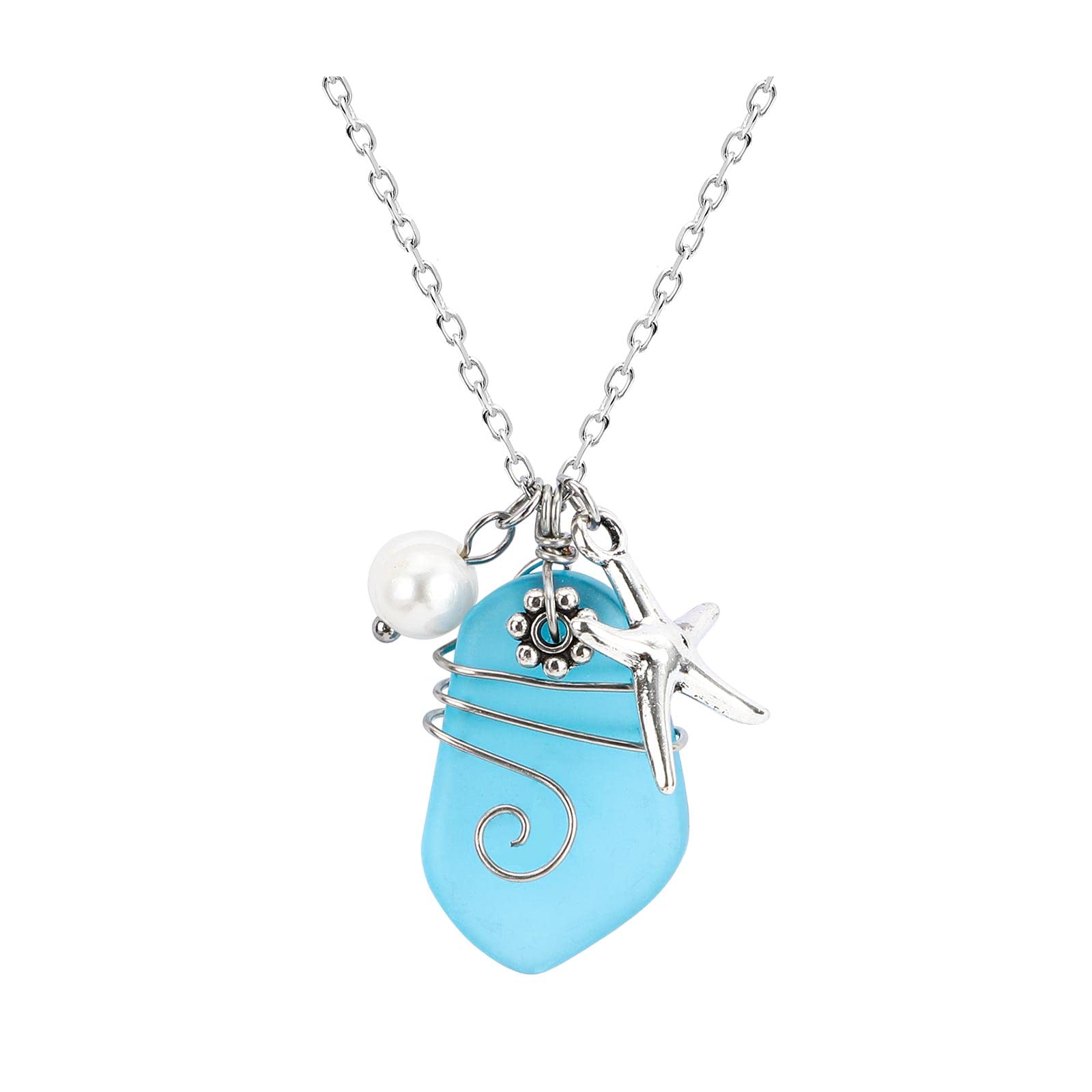 sea glass necklace, Beach Necklaces with Starfish Pendant Wire Wrapped Blue Sea Glass Jewelry Handmade Necklaces hawaiian ocean Gift beach jewelry for Women Girls