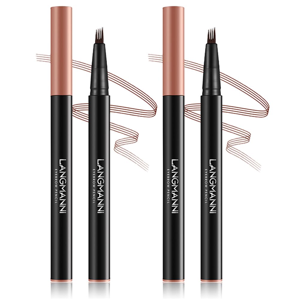 LANGMANNI Eyebrow Pen - Wild Micro-4Tip Prong Lasting Water Eyebrow Pencil, For Effortless & Natural Looking Brows That Last All Day (#2 Brown 2pcs)