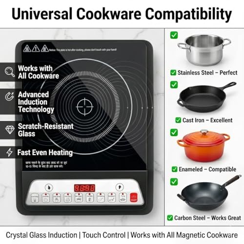 Image of (10 Years Assured Warranty) Portable Induction Cooktop with Touch Panel Toughened Crystal Glass Surface 4 Digit LED Display Compatible with All Cookware Energy Efficient Modern Kitchen