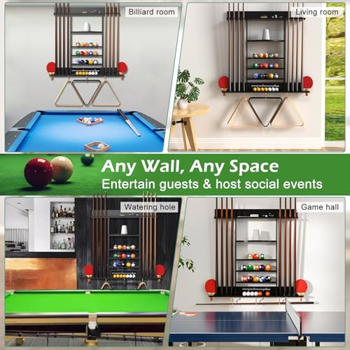 HSSZXFR Pool Cue Rack 8 Pool Stick Holder Wall Mount 2-in-1 Pool Stick & Ping Pong Paddle Holder Billiard Cue Rack Solid Wood Billiard Table Accessories for Billiard Room, Game Room (Black Timer) - Thumbnail 7