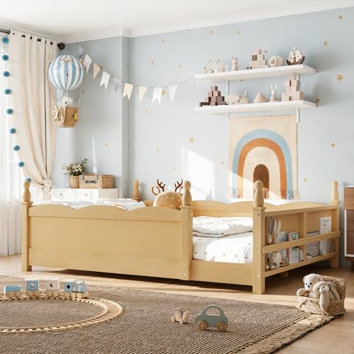 Image of Bellemave Full Size Montessori Floor Bed Frame with High Fence, Solid Wood Kids Floor Bed with Bookshelf, Low Profile Bed for Boys & Girls, Childlike Design,Natural
