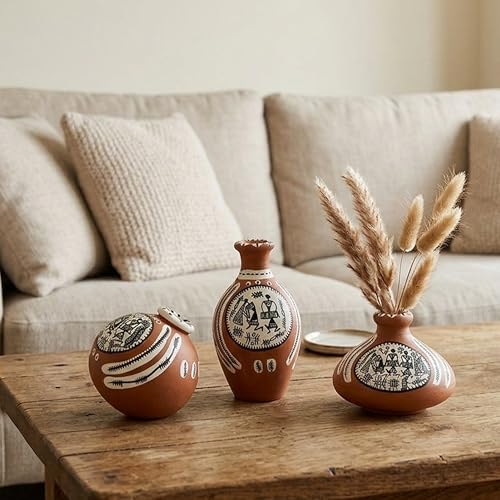Image of Aakriti Art Creations Vase Earthen Miniatures Natural Warli Set of 3 | Handmade Terracotta Flower Vases | Natural Brown Matte Finish Warli Art Decorative Vases for Living Room, Table Decor & Gifting