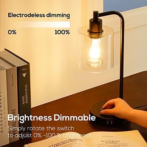 Table Lamp Set of 2 Dimmable Small Black Industrial LED Table Lamps Nightstand Beside Reading Desk Lamp with USB Charging Glass Shade for Bedroom Living Room Home Office