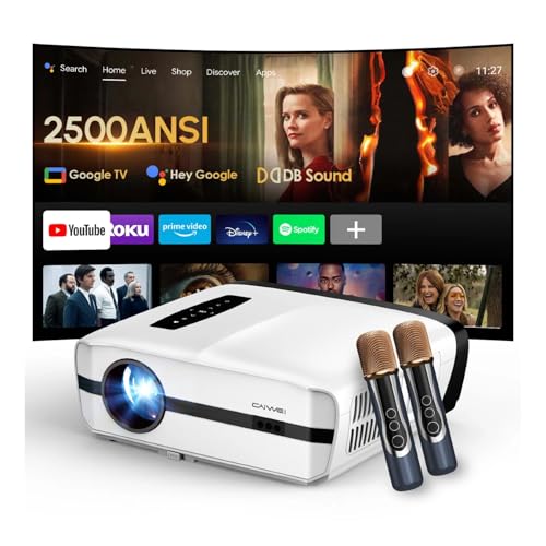 Image of 4K Google TV Karaoke Projector 2500 ANSI & 2 Mics, ToF+CMOS Autofocus HDR10+ Daylight Smart Home Theater [Auto Lens Cap], 2x30W Dolby Deep Bass, WiFi Bluetooth, HDMI eARC for Outdoor Movie Projector