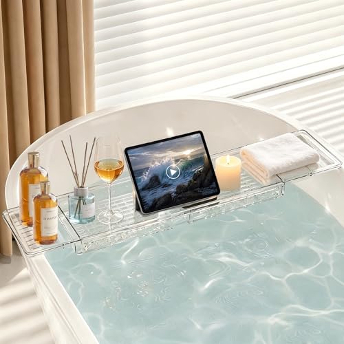 Expandable Clear Acrylic Bathtub Tray Caddy, Foldable Non-Slip Bath Table Tray with Drain Slots, Acrylic Tub Organizer, for Weddings, Anniversaries, Bridal Showers, and New Homes