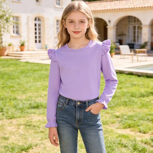 Image of LYSMuch 7-14Y Girls Ruffle Long Sleeve Shirt Kids Crewneck Basic Blouse Casual Tee