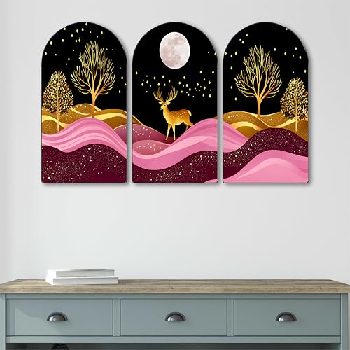 Image of Livin'luxe Deer Wall Art | Set of 3 MDF Panel Paintings | Golden Forest & Moonlight Night Theme Decorative Wall Hanging for Living Room, Bedroom, Office & Home Interiors (20 x 30 Inch) RPNS-11