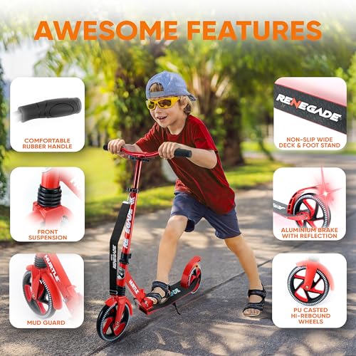 Image of Hurtle Teenager Kick Scooter - 2 Wheel with Adjustable T-Bar Handlebar - Folding Adult with Alloy Anti-Slip Deck - 8 inch Smooth Gliding Wheels