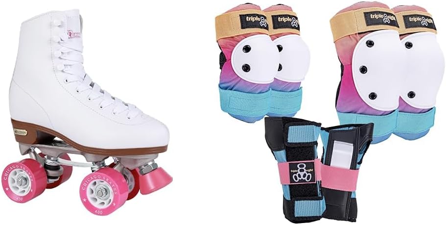 CHICAGO Premium White Quad Roller Skates Bundle with Triple Eight Saver Series Pad Set, Small