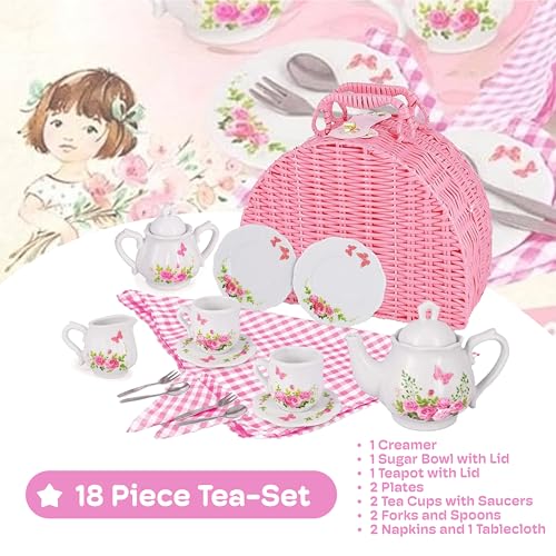 Jewelkeeper Tea Party Set for Little Girls - 18 Piece Toddler Tea Set with Floral Porcelain, Pink Wicker Basket, Utensils for Imaginative Pretend Play - Encourages Creativity and Social Skills