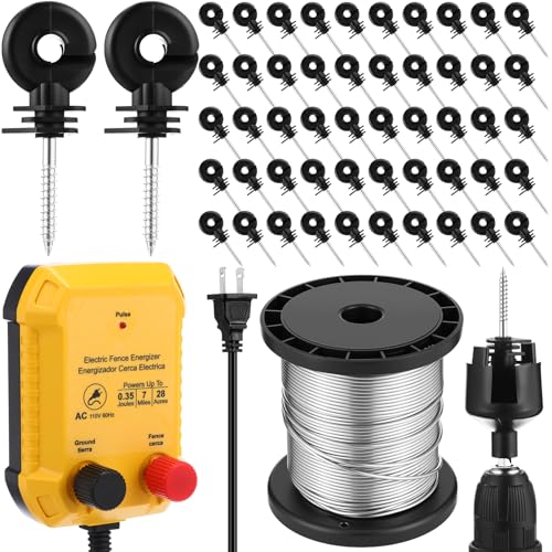 MorningRo Electric Fence for Preventing Animals Intruding 2 Mile 110VAC 0.35 Joule Electric Plug in Fence, 50 Black Insulator and 1 Socket Tool 250ft Aluminum Wire for Animals and Keep Out Predators