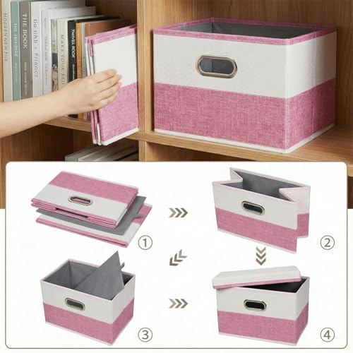 Image of PRANDOM Storage Bins with Lids [3-Pack] Linen Fabric Foldable Storage Boxes Organizer Containers Baskets Cube with Cover for Bedroom Closet Office Pink&White（11.4X8.6X6.7