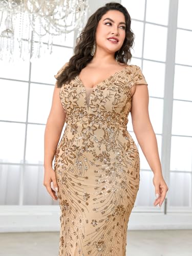 Image of Plus Size Womens Sequined Long Evening Gown Glamous Sleeveless V-Neck Mermaid Prom Dress for Wedding Party