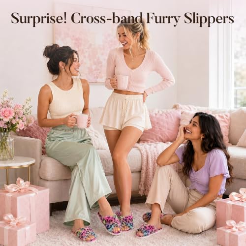 Image of Ankis Women's Fuzzy Slippers Cross Band Memory Foam Open Toe Comfy Soft House Shoes Anti-Slip Indoor Outdoor Gifts for Women