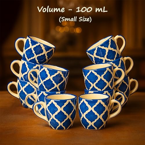 Image of HandPainted Blue Ceramic Tea Cups Set of 12 Small Coffee Chai Serving Cups Microwave Safe | Ideal Gift for Anniversary, Housewarming Parties | NewYear Gifts Set for Family and Friends 100 ML Each