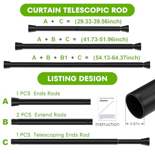 Image of Shower Curtain Rod 30-64 inch 2Pack Shower Adjustable Curtain Rod No Drilling Expandable Spring Pressure Rod Spring Curtain Rods for Bathroom Windows