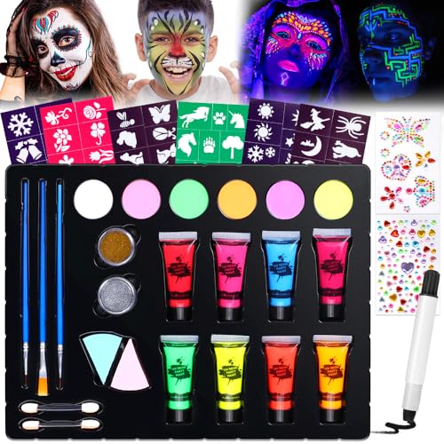 Janolia Pintacaras Infantil, 14 Colores UV Fluorescente Pinturas Cara para Niños con 3 Pinceles, Pintura Cara Niños Hipoalergenica, Neon Pintura Facial y Corporal Seguridad Halloween Fiesta Carnaval