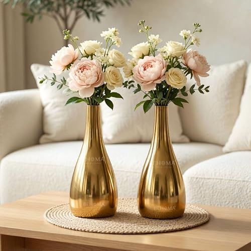 BEHOMA Golden Metal Flower Vase Set of 2 for Home Décor | Table Top Decorative Teardrop Vase for Living Room, Office & Bedroom | Gift for Birthday, Anniversary | 19 cm (Flower Not Included)