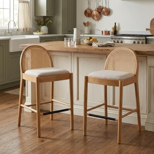 Set de 4 Bancos de Barra CIMOTA Rattan, 29 Pulgadas de Altura, Asiento de Lino Beige con Estructura de Madera Retro miniatura 4