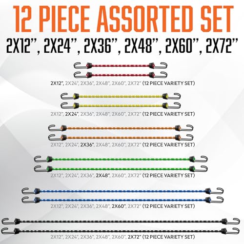Image of Bungee Cords Heavy Duty Outdoor with Hooks - 12Pc Assorted Sizes Set