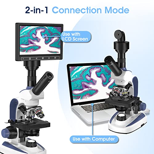 Edkkie 40X-2500X Lab Compound Monocular Microscope Built-In 5Mp Camera With 7’’ Screen, Wide-Field 10X And 25X Eyepieces, Dual Illumination System, Double Layer Mechanical Stage #TOP5