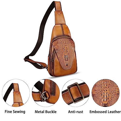 Image of Genuine Leather Sling Bag Embossed Crocodile Pattern Leather Crossbody Sling Backpack Handmade Chest Purse Daypack (Brown)