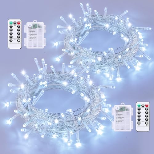 QITONG 2 Pack Battery Operated String Lights Each 33ft 100 LED White Christmas Lights Outdoor Waterproof 8 Modes Clear Wire Twinkle Fairy Lights Indoor with Remote